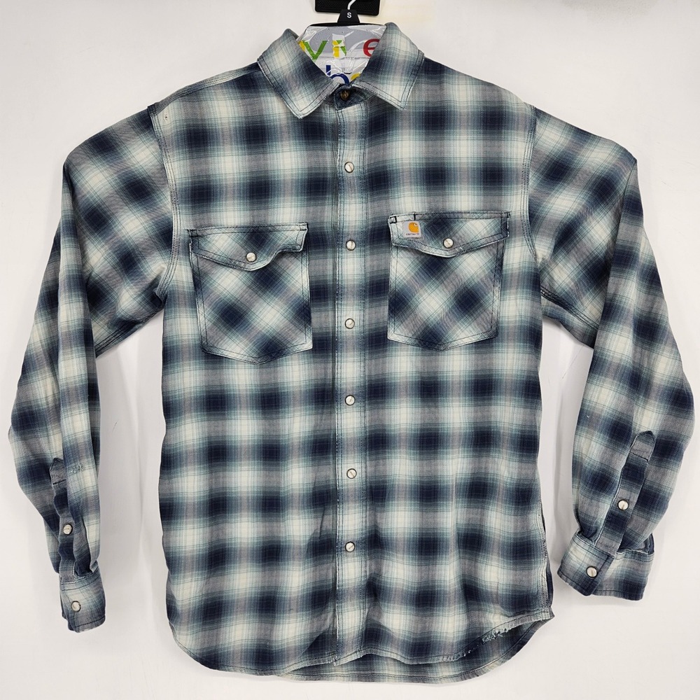 Carhartt Shirt Mens Small Pearl Snap Plaid Long Sleeve Western Relaxed FLAWS